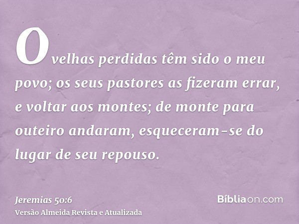 Ovelhas perdidas têm sido o meu povo; os seus pastores as fizeram errar, e voltar aos montes; de monte para outeiro andaram, esqueceram-se do lugar de seu repou