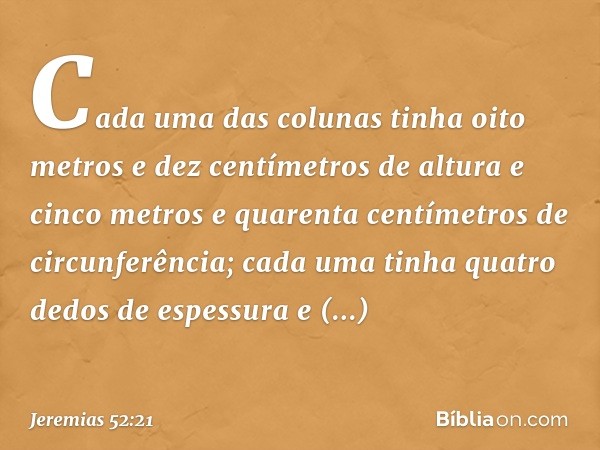 Cada uma das colunas tinha oito metros e dez centímetros de altura e cinco me­tros e quarenta centímetros de circunferência; cada uma tinha quatro dedos de espe