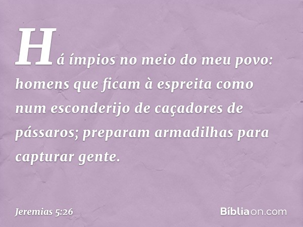 "Há ímpios no meio do meu povo:
homens que ficam à espreita
como num esconderijo
de caçadores de pássaros;
preparam armadilhas
para capturar gente. -- Jeremias 