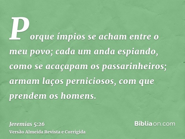 Porque ímpios se acham entre o meu povo; cada um anda espiando, como se acaçapam os passarinheiros; armam laços perniciosos, com que prendem os homens.