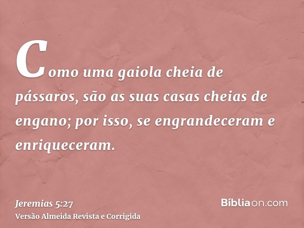 Como uma gaiola cheia de pássaros, são as suas casas cheias de engano; por isso, se engrandeceram e enriqueceram.