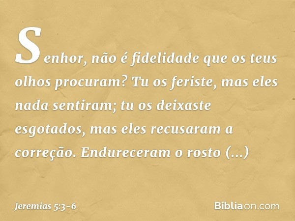 Senhor, não é fidelidade
que os teus olhos procuram?
Tu os feriste, mas eles nada sentiram;
tu os deixaste esgotados,
mas eles recusaram a correção.
Endureceram