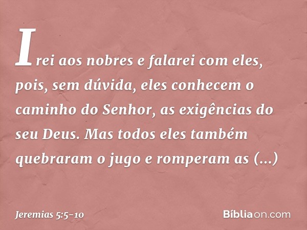 Irei aos nobres e falarei com eles,
pois, sem dúvida, eles conhecem
o caminho do Senhor,
as exigências do seu Deus.
Mas todos eles também
quebraram o jugo
e rom
