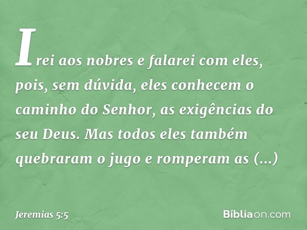 Irei aos nobres e falarei com eles,
pois, sem dúvida, eles conhecem
o caminho do Senhor,
as exigências do seu Deus.
Mas todos eles também
quebraram o jugo
e rom