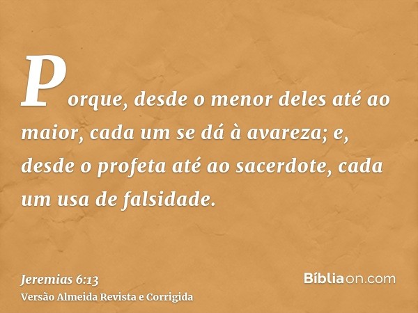 Porque, desde o menor deles até ao maior, cada um se dá à avareza; e, desde o profeta até ao sacerdote, cada um usa de falsidade.
