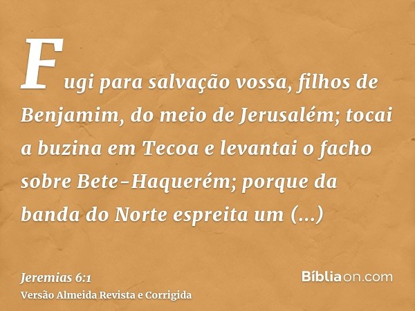 Fugi para salvação vossa, filhos de Benjamim, do meio de Jerusalém; tocai a buzina em Tecoa e levantai o facho sobre Bete-Haquerém; porque da banda do Norte esp
