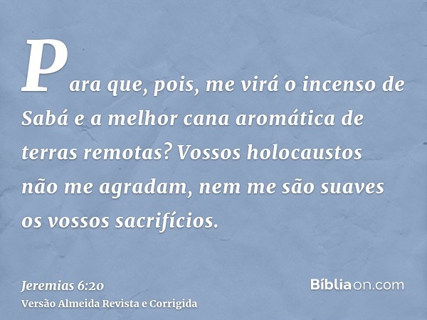 Para que, pois, me virá o incenso de Sabá e a melhor cana aromática de terras remotas? Vossos holocaustos não me agradam, nem me são suaves os vossos sacrifício