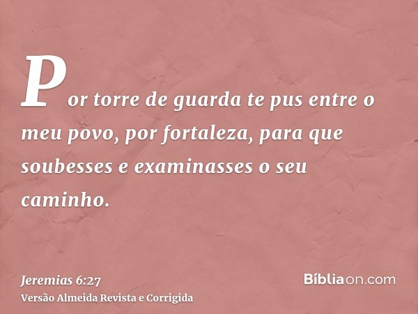 Por torre de guarda te pus entre o meu povo, por fortaleza, para que soubesses e examinasses o seu caminho.