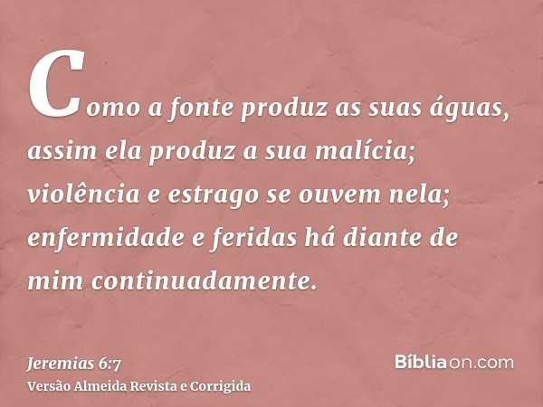 Como a fonte produz as suas águas, assim ela produz a sua malícia; violência e estrago se ouvem nela; enfermidade e feridas há diante de mim continuadamente.