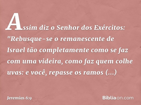 Assim diz o Senhor dos Exércitos:
"Rebusque-se o remanescente de Israel
tão completamente
como se faz com uma videira,
como faz quem colhe uvas:
e você, repasse