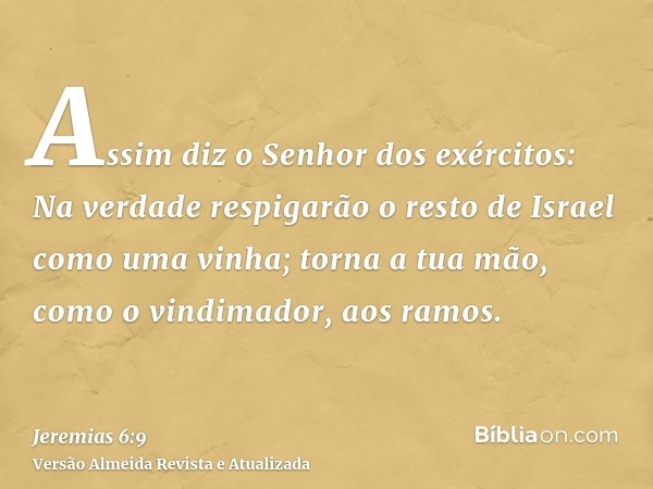 Assim diz o Senhor dos exércitos: Na verdade respigarão o resto de Israel como uma vinha; torna a tua mão, como o vindimador, aos ramos.