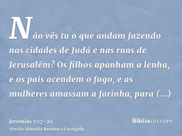 Não vês tu o que andam fazendo nas cidades de Judá e nas ruas de Jerusalém?Os filhos apanham a lenha, e os pais acendem o fogo, e as mulheres amassam a farinha,