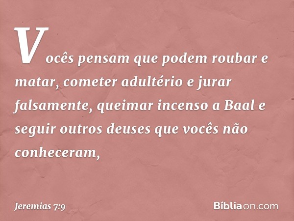 "Vocês pensam que podem roubar e matar, cometer adultério e jurar falsamente, queimar incenso a Baal e seguir outros deuses que vocês não conheceram, -- Jeremia