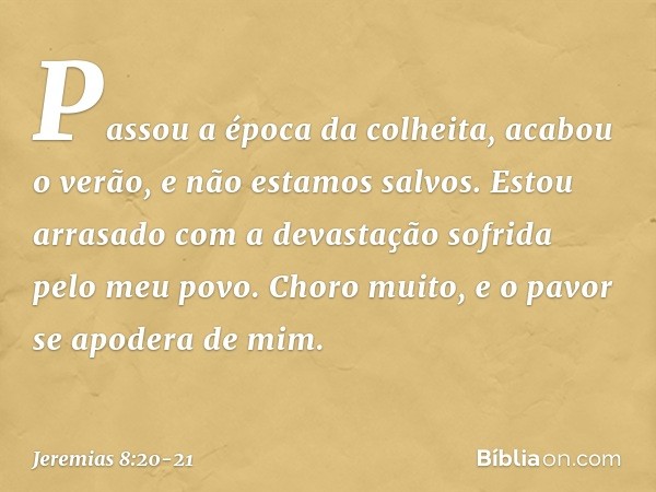 Passou a época da colheita,
acabou o verão,
e não estamos salvos. Estou arrasado com a devastação
sofrida pelo meu povo.
Choro muito,
e o pavor se apodera de mi