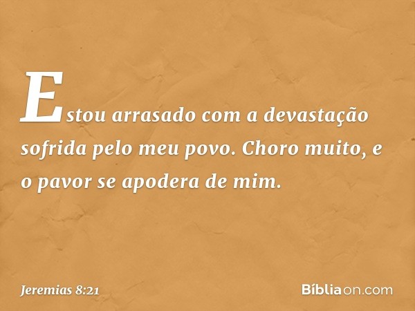 Estou arrasado com a devastação
sofrida pelo meu povo.
Choro muito,
e o pavor se apodera de mim. -- Jeremias 8:21