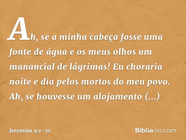 Ah, se a minha cabeça
fosse uma fonte de água
e os meus olhos
um manancial de lágrimas!
Eu choraria noite e dia
pelos mortos do meu povo. Ah, se houvesse um alo