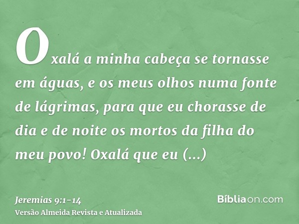 Oxalá a minha cabeça se tornasse em águas, e os meus olhos numa fonte de lágrimas, para que eu chorasse de dia e de noite os mortos da filha do meu povo!Oxalá q