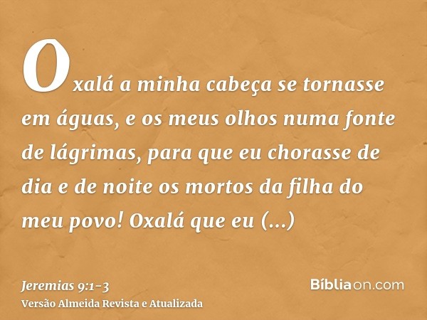 Oxalá a minha cabeça se tornasse em águas, e os meus olhos numa fonte de lágrimas, para que eu chorasse de dia e de noite os mortos da filha do meu povo!Oxalá q