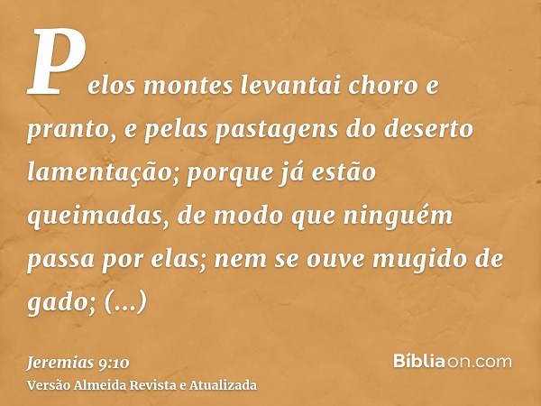 Pelos montes levantai choro e pranto, e pelas pastagens do deserto lamentação; porque já estão queimadas, de modo que ninguém passa por elas; nem se ouve mugido