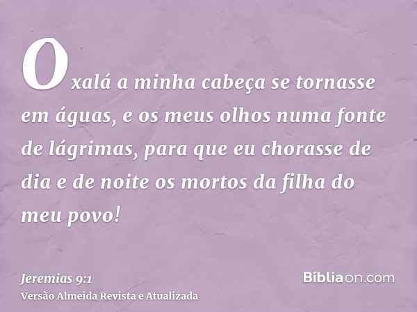 Oxalá a minha cabeça se tornasse em águas, e os meus olhos numa fonte de lágrimas, para que eu chorasse de dia e de noite os mortos da filha do meu povo!