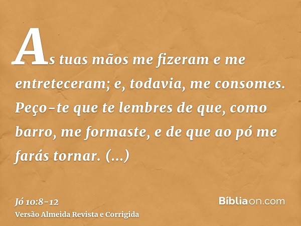 As tuas mãos me fizeram e me entreteceram; e, todavia, me consomes.Peço-te que te lembres de que, como barro, me formaste, e de que ao pó me farás tornar.Porven