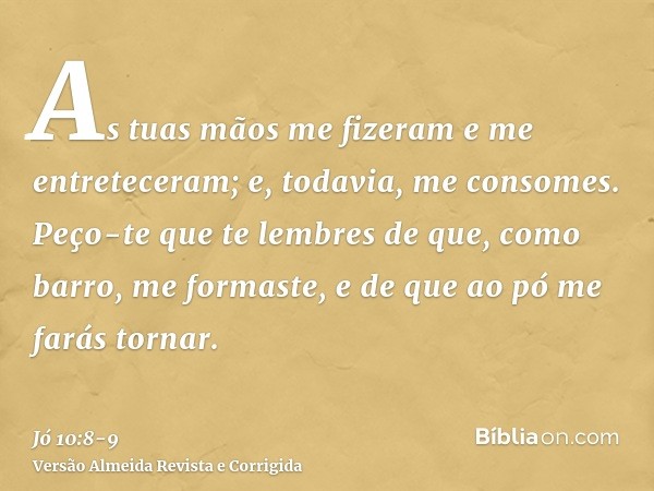 As tuas mãos me fizeram e me entreteceram; e, todavia, me consomes.Peço-te que te lembres de que, como barro, me formaste, e de que ao pó me farás tornar.