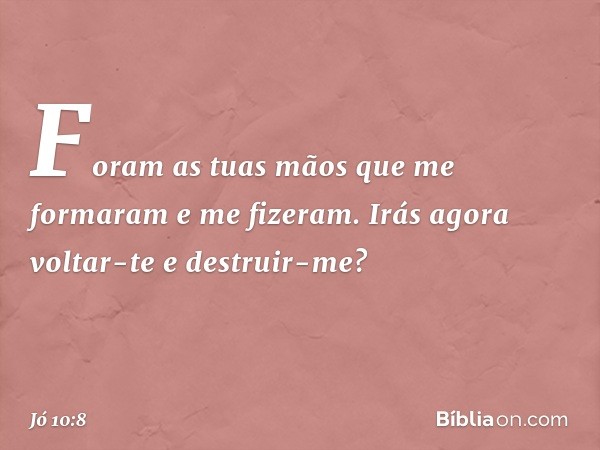 "Foram as tuas mãos
que me formaram
e me fizeram.
Irás agora voltar-te e destruir-me? -- Jó 10:8