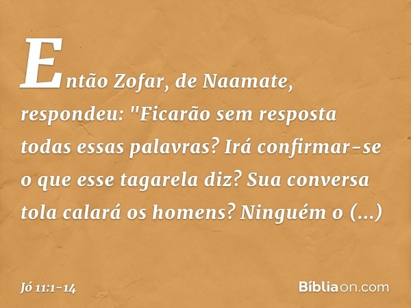 Então Zofar, de Naamate, respondeu: "Ficarão sem resposta
todas essas palavras?
Irá confirmar-se
o que esse tagarela diz? Sua conversa tola calará os homens?
Ni