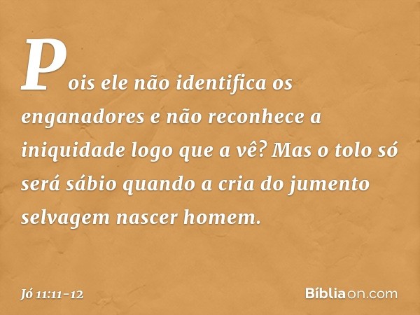 Pois ele não identifica os enganadores
e não reconhece a iniquidade
logo que a vê? Mas o tolo só será sábio
quando a cria do jumento selvagem
nascer ho­mem. -- 