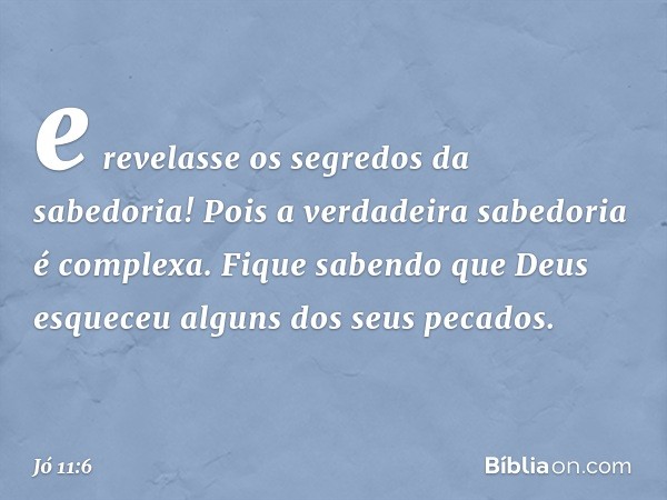 e revelasse
os segredos da sabedoria!
Pois a verdadeira sabedoria
é complexa.
Fique sabendo que Deus esqueceu
alguns dos seus pecados. -- Jó 11:6