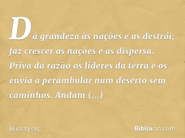 Dá grandeza às nações e as destrói;
faz crescer as nações e as dispersa. Priva da razão os líderes da terra
e os envia a perambular
num deserto sem caminhos. An