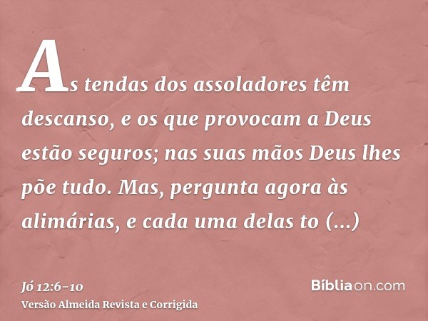 As tendas dos assoladores têm descanso, e os que provocam a Deus estão seguros; nas suas mãos Deus lhes põe tudo.Mas, pergunta agora às alimárias, e cada uma de