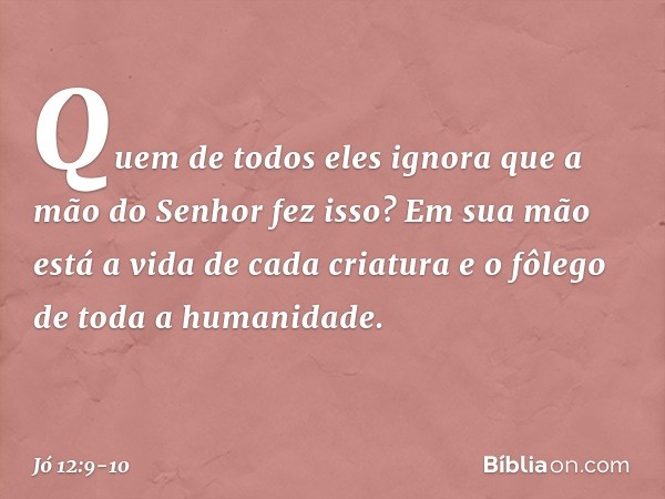 Quem de todos eles ignora
que a mão do Senhor fez isso? Em sua mão
está a vida de cada criatura
e o fôlego de toda a humanidade. -- Jó 12:9-10