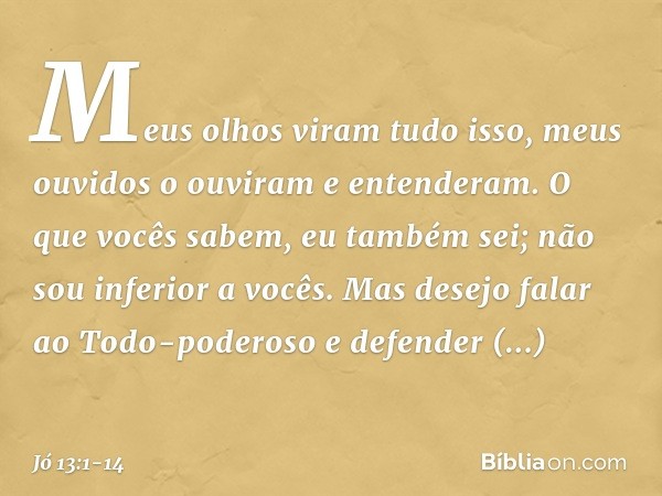 "Meus olhos viram tudo isso,
meus ouvidos o ouviram
e entenderam. O que vocês sabem, eu também sei;
não sou inferior a vocês. Mas desejo falar ao Todo-poderoso
