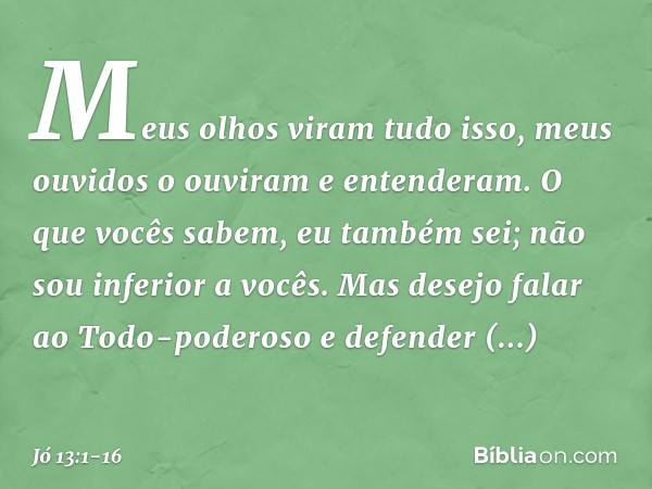 "Meus olhos viram tudo isso,
meus ouvidos o ouviram
e entenderam. O que vocês sabem, eu também sei;
não sou inferior a vocês. Mas desejo falar ao Todo-poderoso
