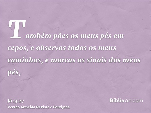 Também pões os meus pés em cepos, e observas todos os meus caminhos, e marcas os sinais dos meus pés,
