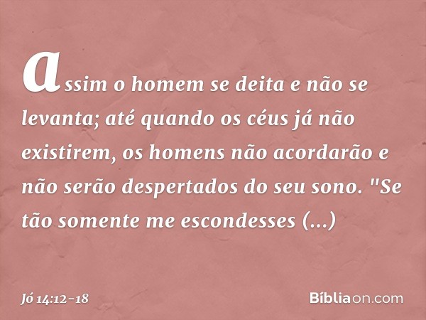 assim o homem se deita
e não se levanta;
até quando os céus já não existirem,
os homens não acordarão
e não serão despertados do seu sono. "Se tão somente me es