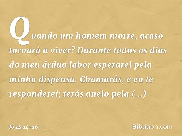 Quando um homem morre,
acaso tornará a viver?
Durante todos os dias
do meu árduo labor
esperarei pela minha dispensa. Chamarás, e eu te responderei;
terás anelo