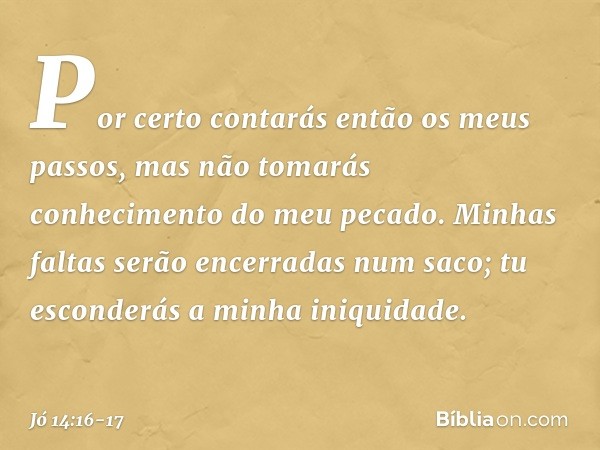 Por certo contarás então
os meus passos,
mas não tomarás conhecimento
do meu pecado. Minhas faltas serão encerradas
num saco;
tu esconderás a minha iniquidade.