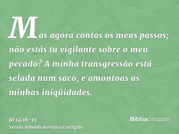 Mas agora contas os meus passos; não estás tu vigilante sobre o meu pecado?A minha transgressão está selada num saco, e amontoas as minhas iniqüidades.
