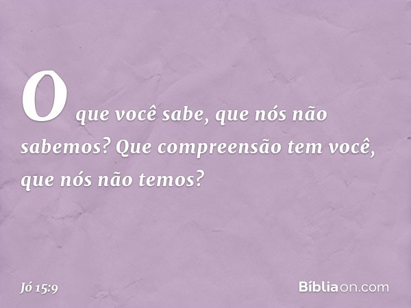 O que você sabe,
que nós não sabemos?
Que compreensão tem você,
que nós não temos? -- Jó 15:9