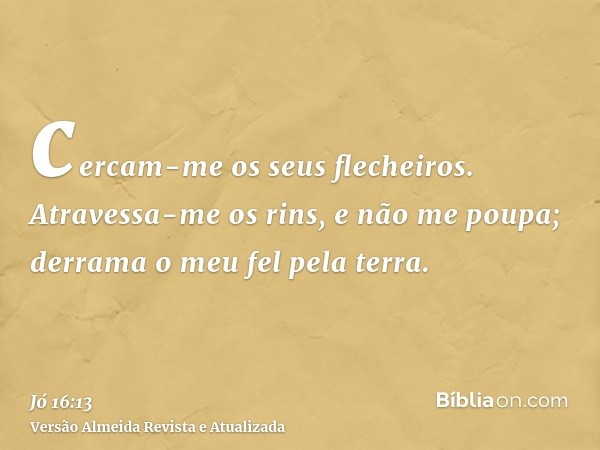 cercam-me os seus flecheiros. Atravessa-me os rins, e não me poupa; derrama o meu fel pela terra.