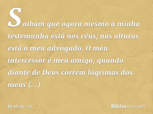 Saibam que agora mesmo
a minha testemunha está nos céus;
nas alturas está o meu advogado. O meu intercessor é meu amigo,
quando diante de Deus
correm lágrimas d