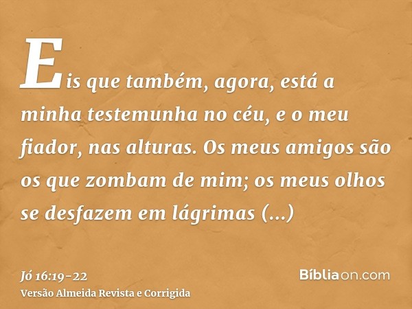 Eis que também, agora, está a minha testemunha no céu, e o meu fiador, nas alturas.Os meus amigos são os que zombam de mim; os meus olhos se desfazem em lágrima