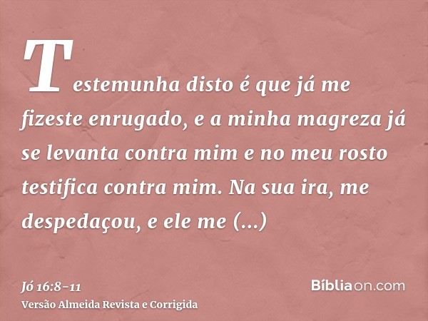 Testemunha disto é que já me fizeste enrugado, e a minha magreza já se levanta contra mim e no meu rosto testifica contra mim.Na sua ira, me despedaçou, e ele m