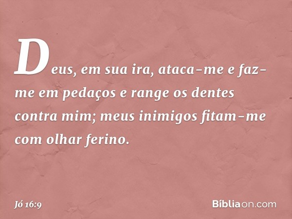 Deus, em sua ira, ataca-me
e faz-me em pedaços
e range os dentes contra mim;
meus inimigos fitam-me
com olhar ferino. -- Jó 16:9