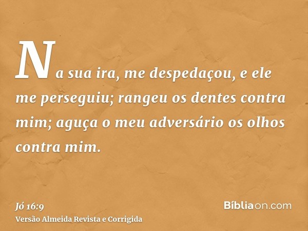 Na sua ira, me despedaçou, e ele me perseguiu; rangeu os dentes contra mim; aguça o meu adversário os olhos contra mim.