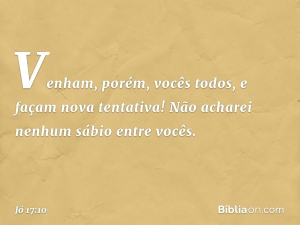 "Venham, porém, vocês todos,
e façam nova tentativa!
Não acharei nenhum sábio
entre vocês. -- Jó 17:10