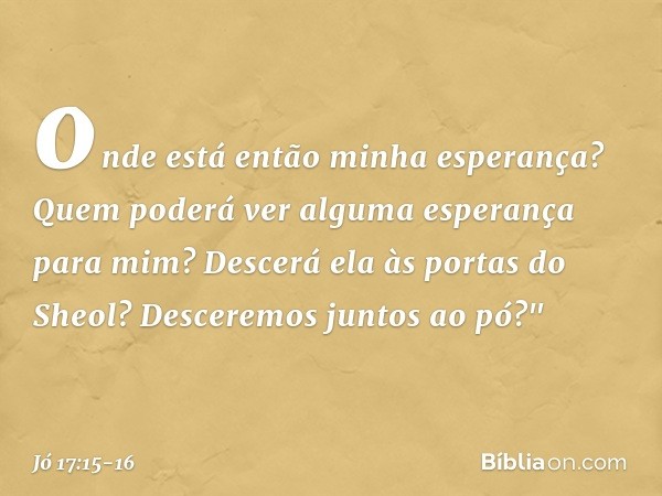 onde está então
minha esperança?
Quem poderá ver
alguma esperança para mim? Descerá ela às portas do Sheol?
Desceremos juntos ao pó?" -- Jó 17:15-16