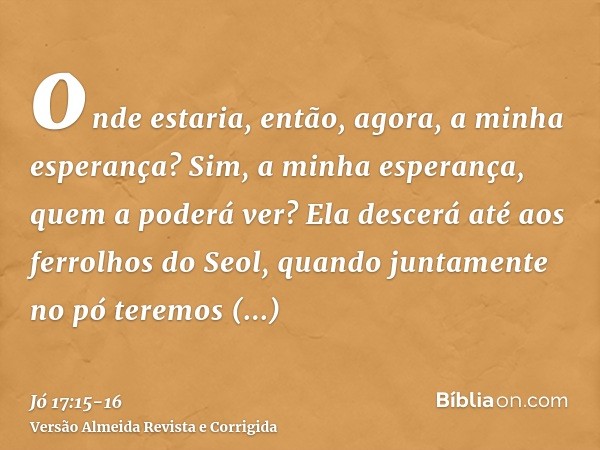 onde estaria, então, agora, a minha esperança? Sim, a minha esperança, quem a poderá ver?Ela descerá até aos ferrolhos do Seol, quando juntamente no pó teremos 